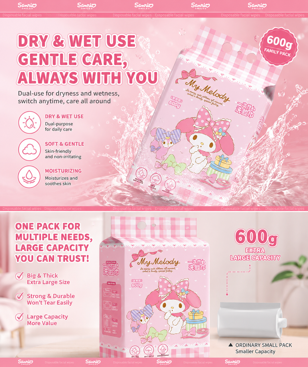 『 Sanrio™️ Disposable Face Towels 』600g Family Pack | Soft Cotton Hanging Facial Wipes | Dry & Wet Use Towels