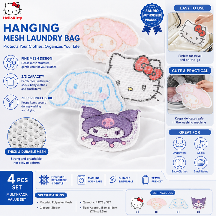 Sanrio Mesh Laundry Bag Set – Cute Delicates Wash Bags with Zipper Closure