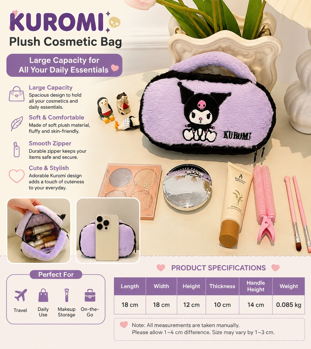 Cute Plush Pencil Case with Handle – Large Capacity Kawaii Zipper Pouch for School, Makeup & Accessories