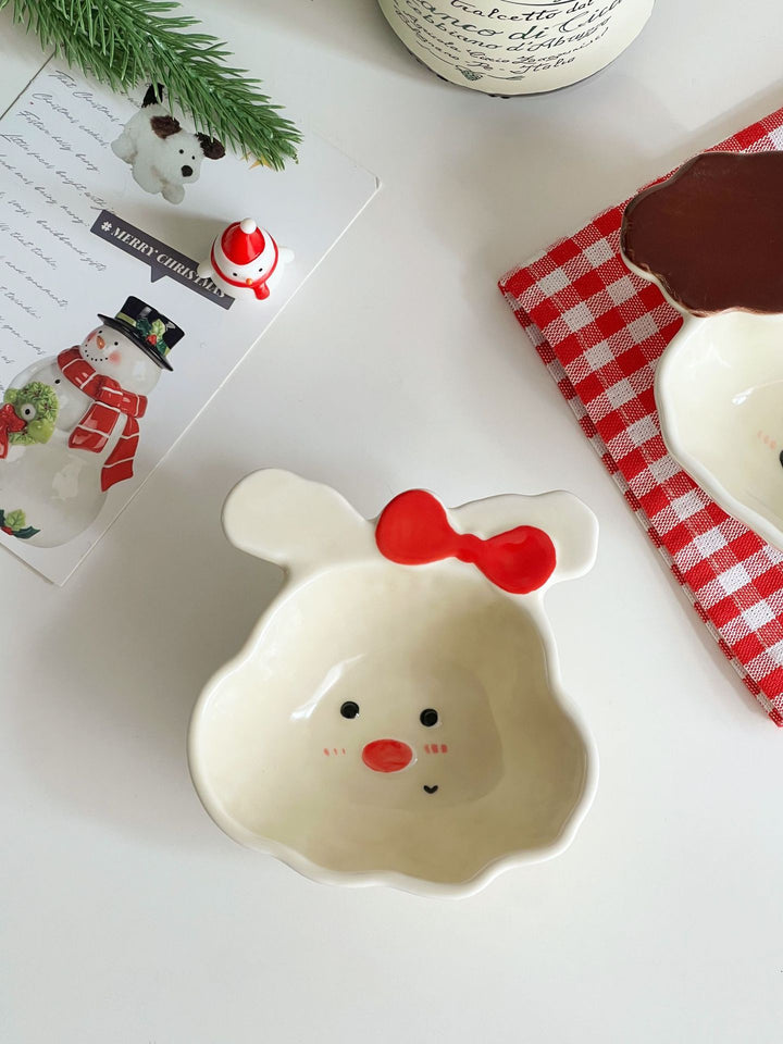 『Curly Pup🐶 & Bunny🐰』 Hand-Painted Underglaze Sauce Dish / Yogurt & Fruit Bowl
