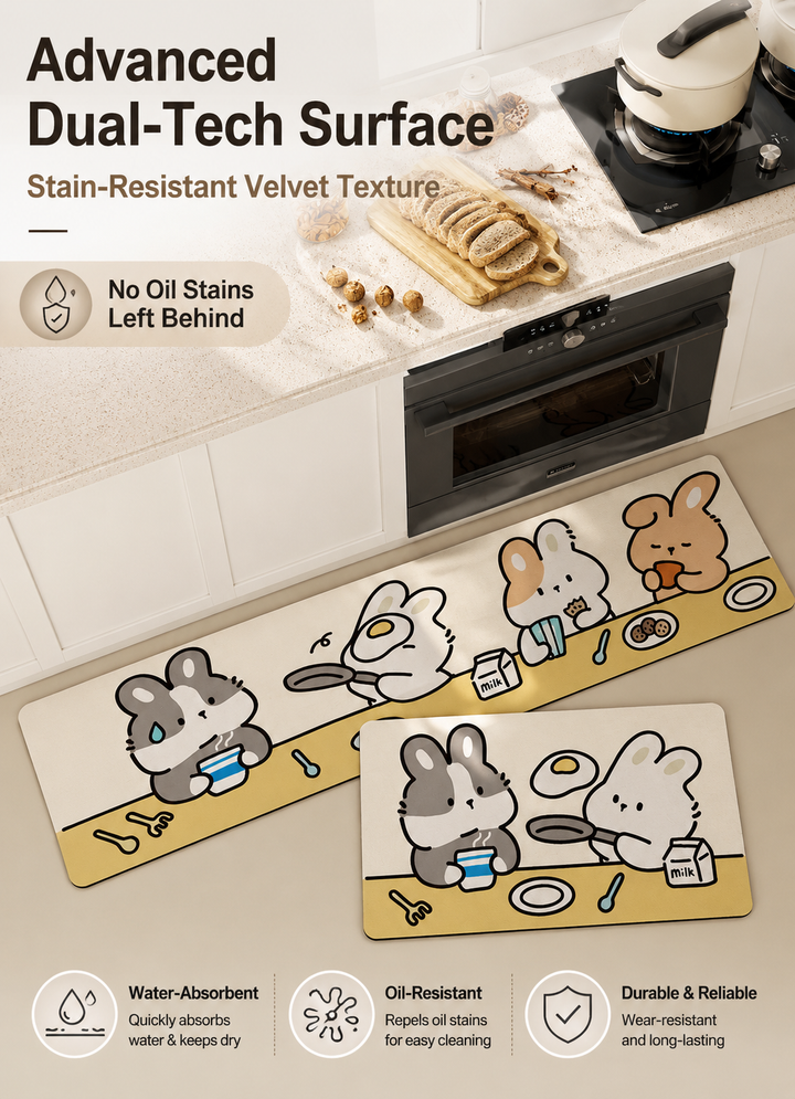 「Cute Cartoon Kitchen Mat」 – Thickened PU Leather Anti-Slip Floor Runner | Waterproof & Easy Clean