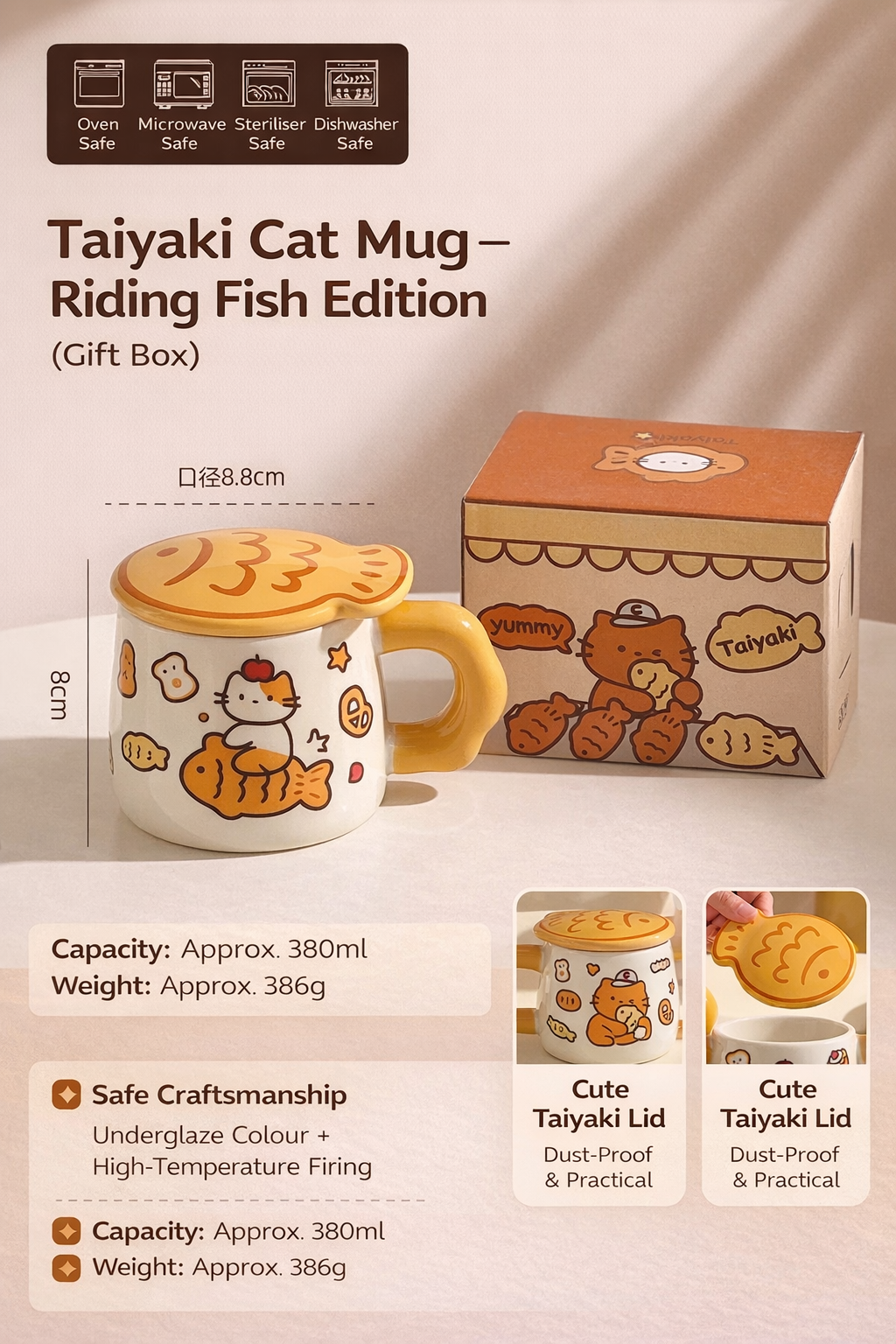 Ceramic Mug with Lid – Taiyaki Cat Design, Underglaze Finish, Heat Resistant