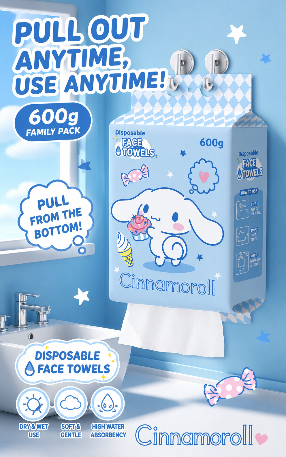 『 Sanrio™️ Disposable Face Towels 』600g Family Pack | Soft Cotton Hanging Facial Wipes | Dry & Wet Use Towels