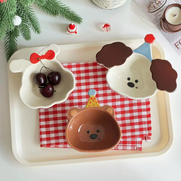 『Curly Pup🐶 & Bunny🐰』 Hand-Painted Underglaze Sauce Dish / Yogurt & Fruit Bowl
