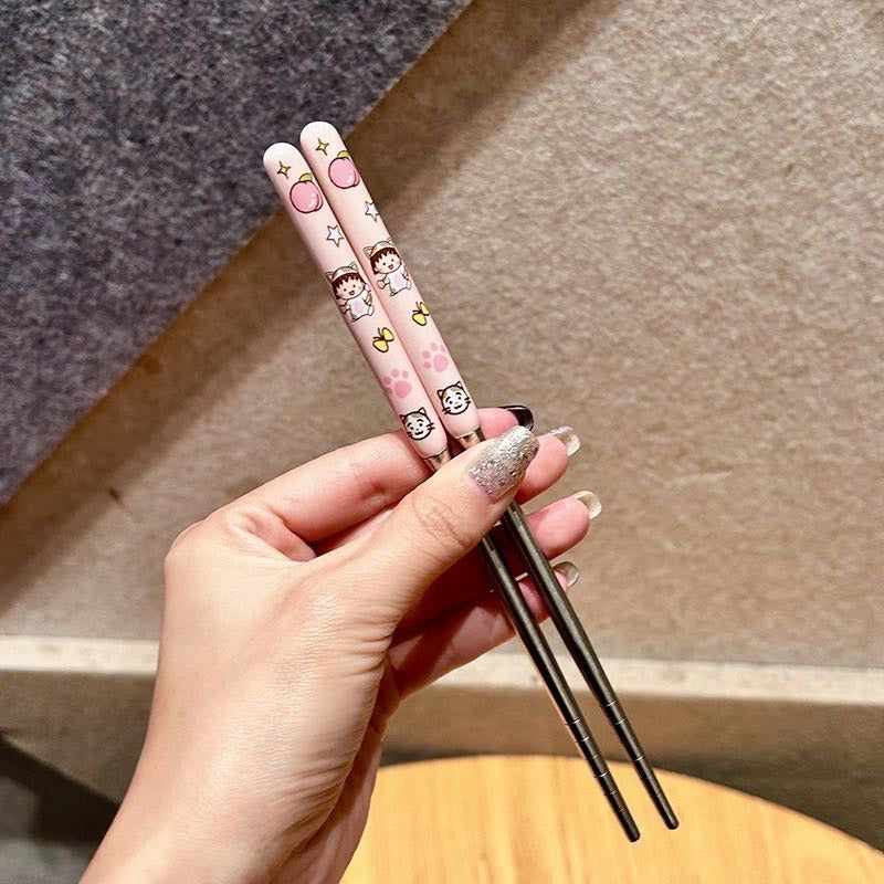 Chibi Maruko-chan 3-Piece Set Portable Tableware Set Stainless Steel Spoon +Fork +Chopsticks Pink Set