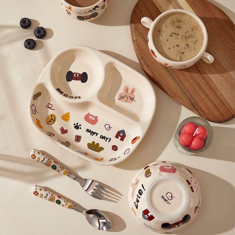 Cute Dog Series Underglaze Ceramic Tableware Set Compartment Plate Dinner Plate Rice Bowl Hand-held Cup