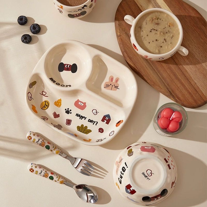 Cute Dog Series Underglaze Ceramic Tableware Set Compartment Plate Dinner Plate Rice Bowl Hand-held Cup