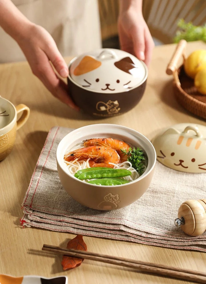 Cute Cat Ceramic Large Capacity with Lid Soup Bowl Noodle Bowl