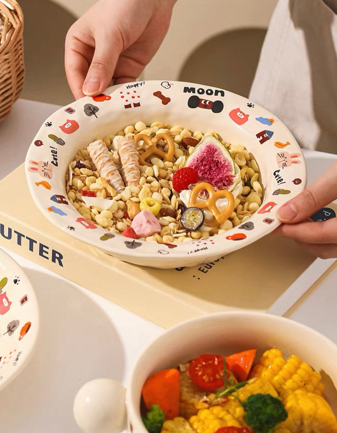 『 Cute Moon Dog Collection』 Handcrafted Underglaze Ceramic Tableware — Portion Plate 🥗, Dinner Plate 🍽️, Rice Bowl 🥣 & Mug