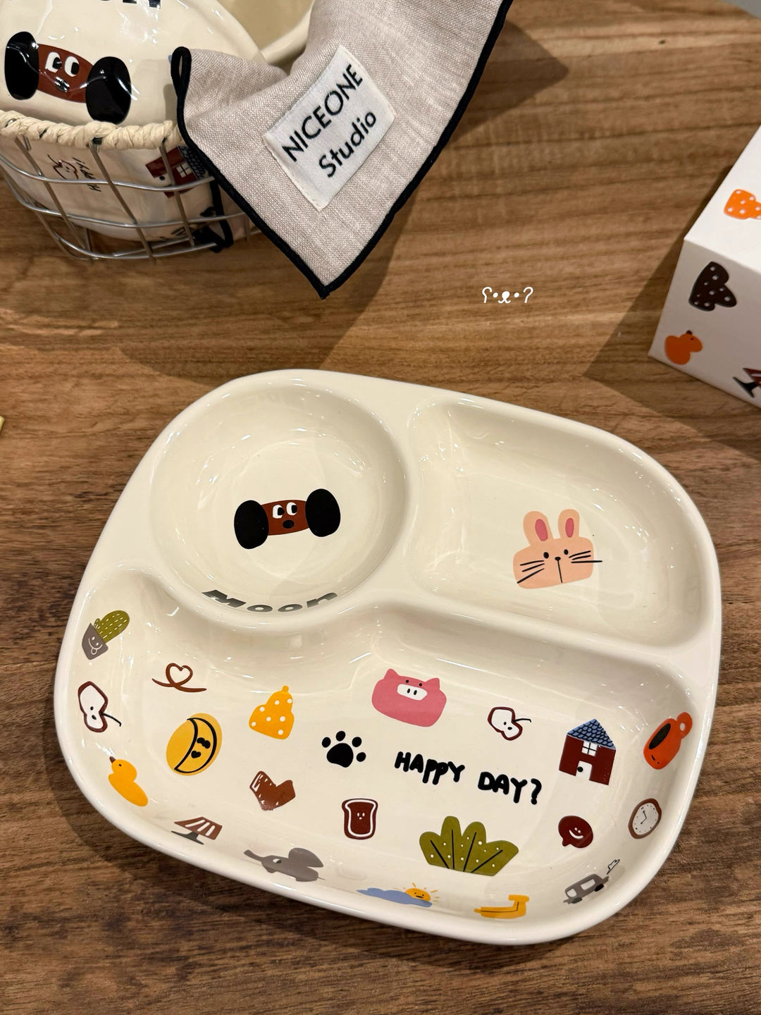 『 Cute Moon Dog Collection』 Handcrafted Underglaze Ceramic Tableware — Portion Plate 🥗, Dinner Plate 🍽️, Rice Bowl 🥣 & Mug