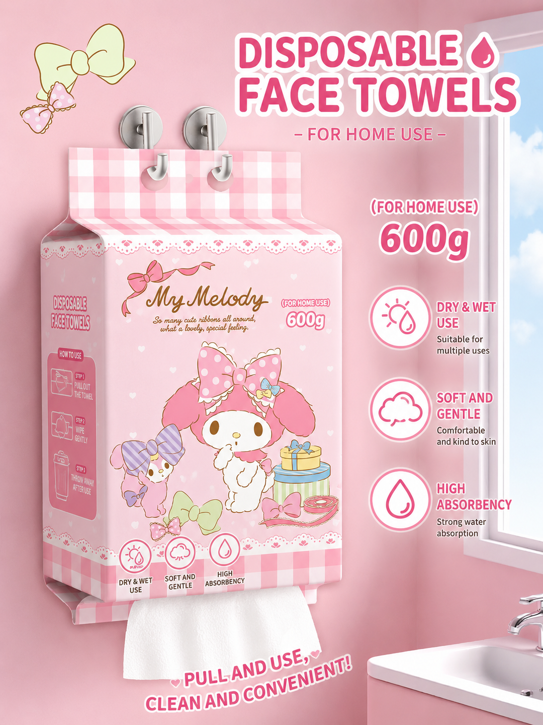 『 Sanrio™️ Disposable Face Towels 』600g Family Pack | Soft Cotton Hanging Facial Wipes | Dry & Wet Use Towels