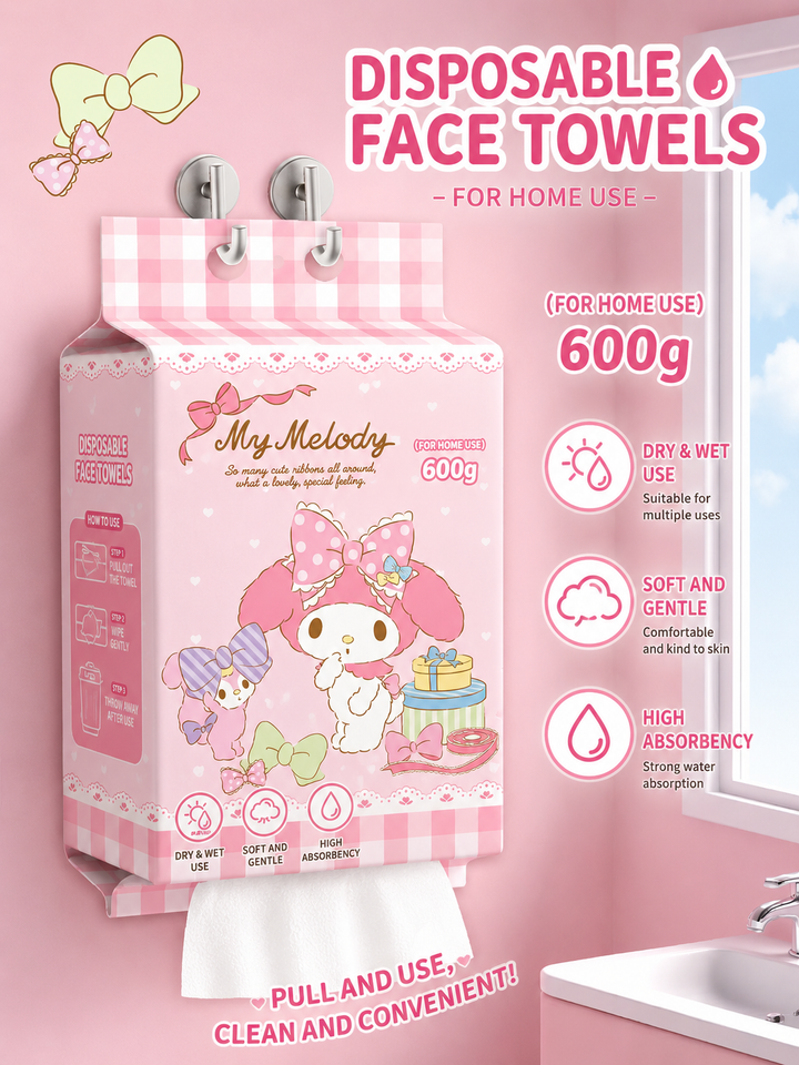 『 Sanrio™️ Disposable Face Towels 』600g Family Pack | Soft Cotton Hanging Facial Wipes | Dry & Wet Use Towels