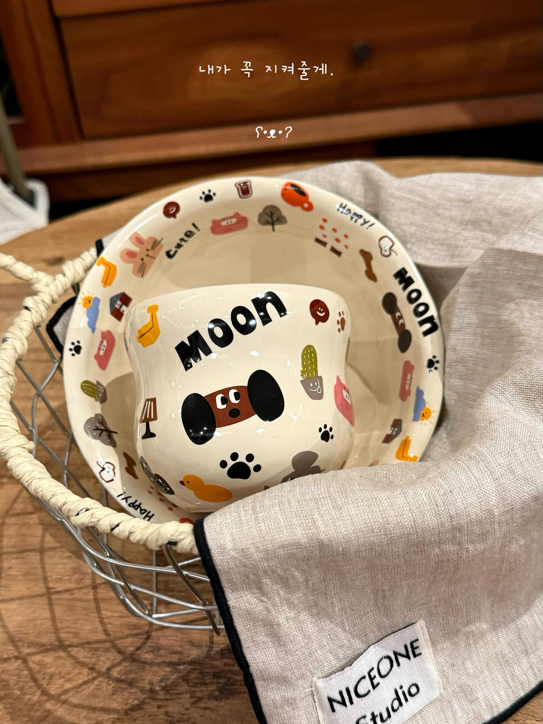 『 Cute Moon Dog Collection』 Handcrafted Underglaze Ceramic Tableware — Portion Plate 🥗, Dinner Plate 🍽️, Rice Bowl 🥣 & Mug