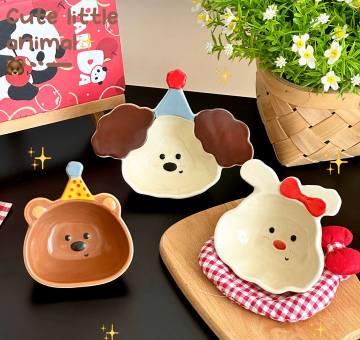 『Curly Pup🐶 & Bunny🐰』 Hand-Painted Underglaze Sauce Dish / Yogurt & Fruit Bowl