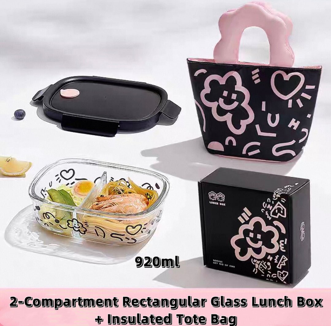 Microwave-Safe Glass Lunch Box + Insulated Tote Bag | Heat & Cold Resistant | Trendy Black & Pink
