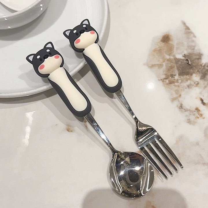 【3D Husky Design 】Stainless Steel Long-Handle Spoon 🥄 & Fork Set