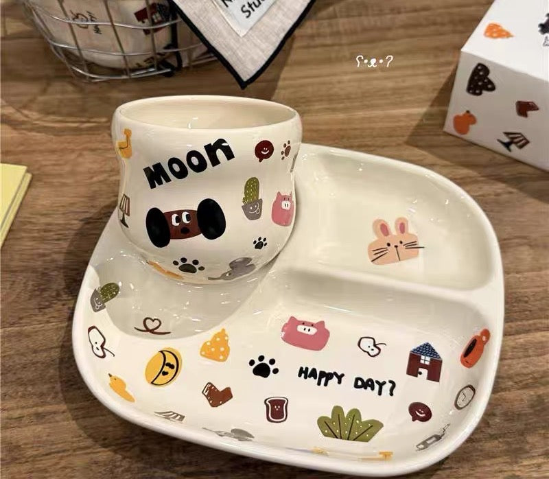 『 Cute Moon Dog Collection』 Handcrafted Underglaze Ceramic Tableware — Portion Plate 🥗, Dinner Plate 🍽️, Rice Bowl 🥣 & Mug
