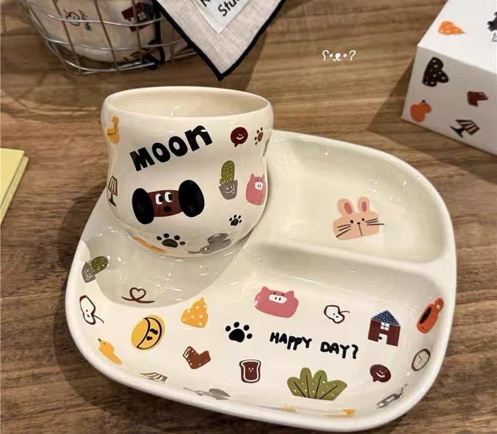 『 Cute Moon Dog Collection』 Handcrafted Underglaze Ceramic Tableware — Portion Plate 🥗, Dinner Plate 🍽️, Rice Bowl 🥣 & Mug