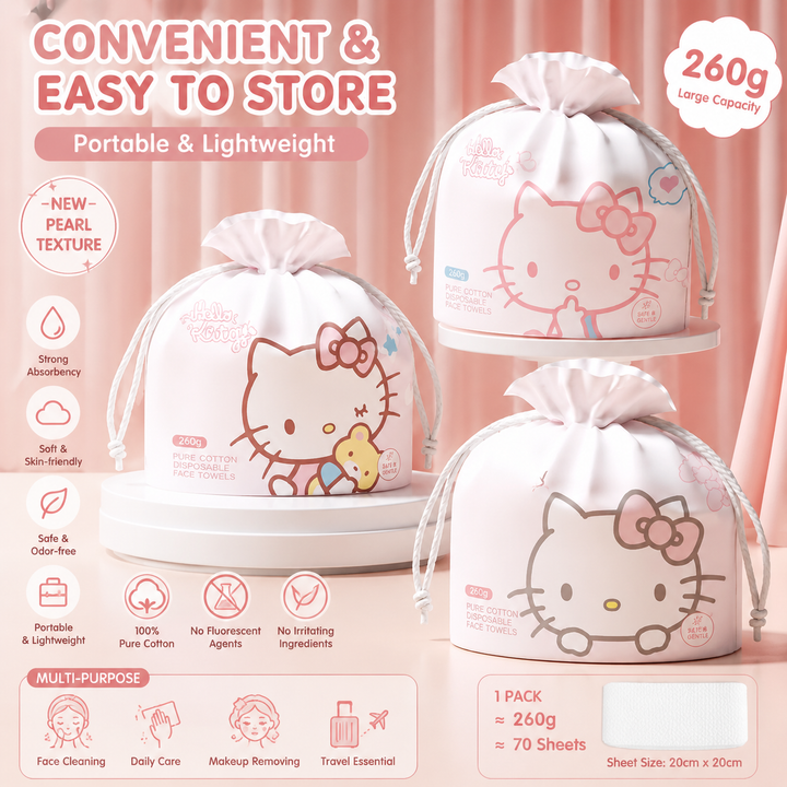 『 Hello Kitty™️ Disposable Cotton Facial Towels 』260g Family Pack Hanging Style | Thickened Soft Towels for Sensitive Skin
