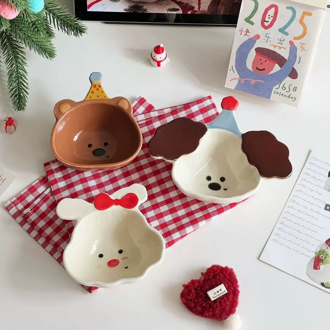 『Curly Pup🐶 & Bunny🐰』 Hand-Painted Underglaze Sauce Dish / Yogurt & Fruit Bowl