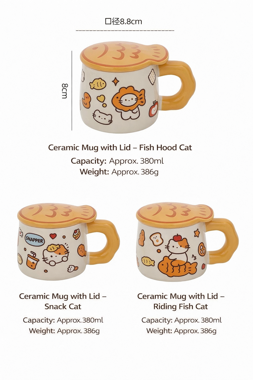 Ceramic Mug with Lid – Taiyaki Cat Design, Underglaze Finish, Heat Resistant