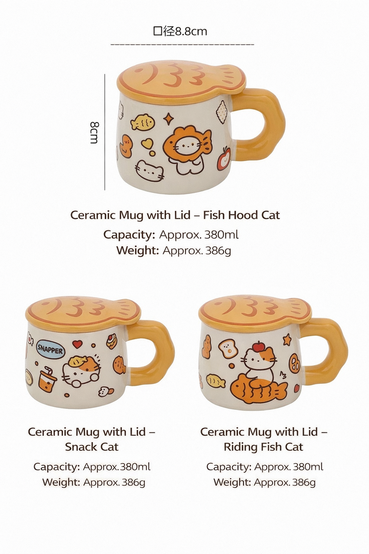 Ceramic Mug with Lid – Taiyaki Cat Design, Underglaze Finish, Heat Resistant