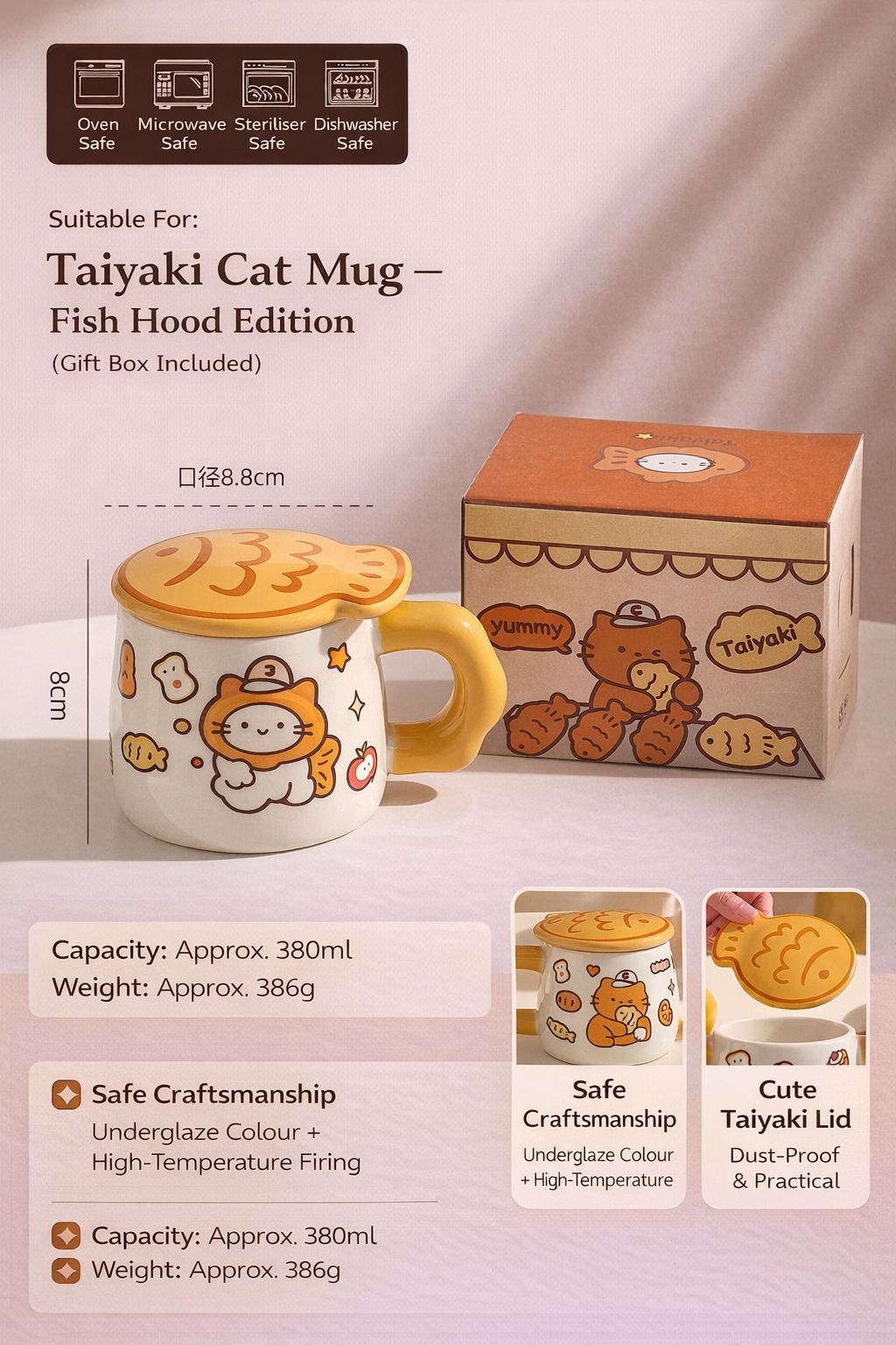 Ceramic Mug with Lid – Taiyaki Cat Design, Underglaze Finish, Heat Resistant