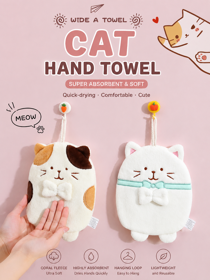 Cute Cat Coral Fleece Hanging Hand Towel – Soft, Absorbent & Quick-Drying