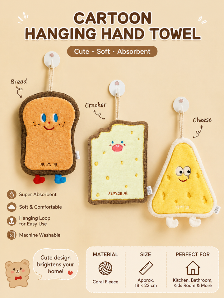 🍞🍩🧀 Bread Series Hanging Hand Towel – Soft Coral Fleece, Super Absorbent & Quick-Drying