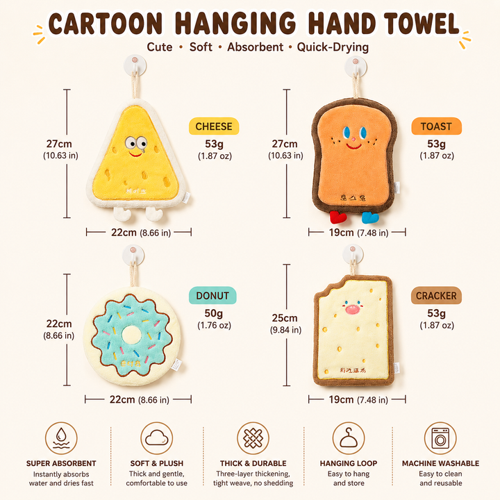 🍞🍩🧀 Bread Series Hanging Hand Towel – Soft Coral Fleece, Super Absorbent & Quick-Drying