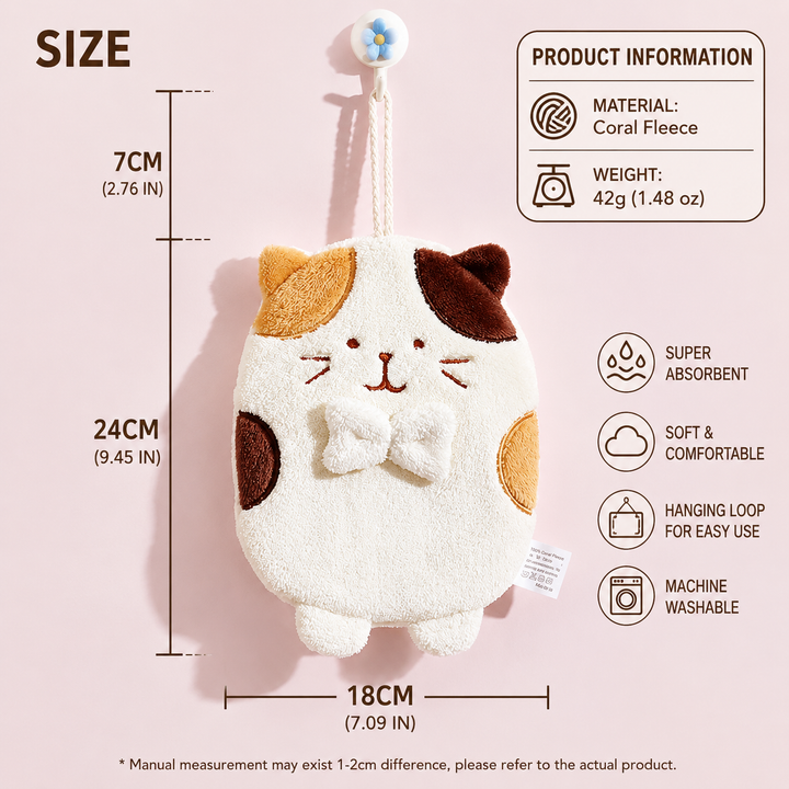 Cute Cat Coral Fleece Hanging Hand Towel – Soft, Absorbent & Quick-Drying