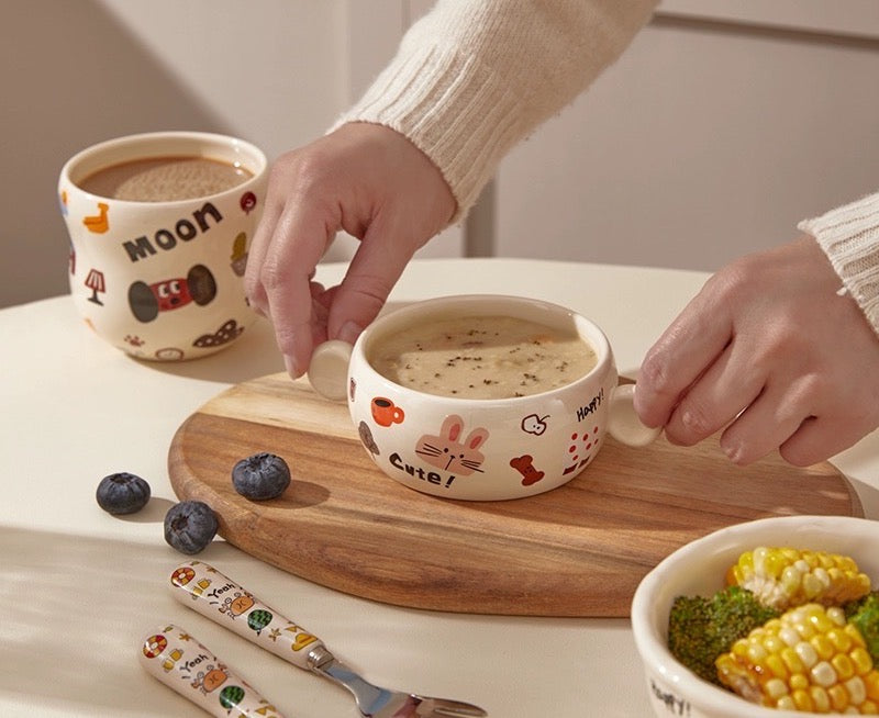『 Cute Moon Dog Collection』 Handcrafted Underglaze Ceramic Tableware — Portion Plate 🥗, Dinner Plate 🍽️, Rice Bowl 🥣 & Mug