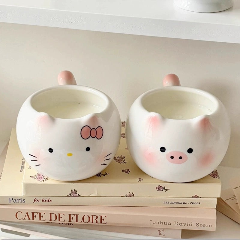 Blushing Kitty & Little Pink Pig 🐷 Ceramic Mug – Heat Resistant
