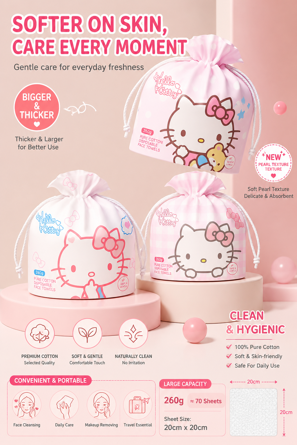 『 Hello Kitty™️ Disposable Cotton Facial Towels 』260g Family Pack Hanging Style | Thickened Soft Towels for Sensitive Skin