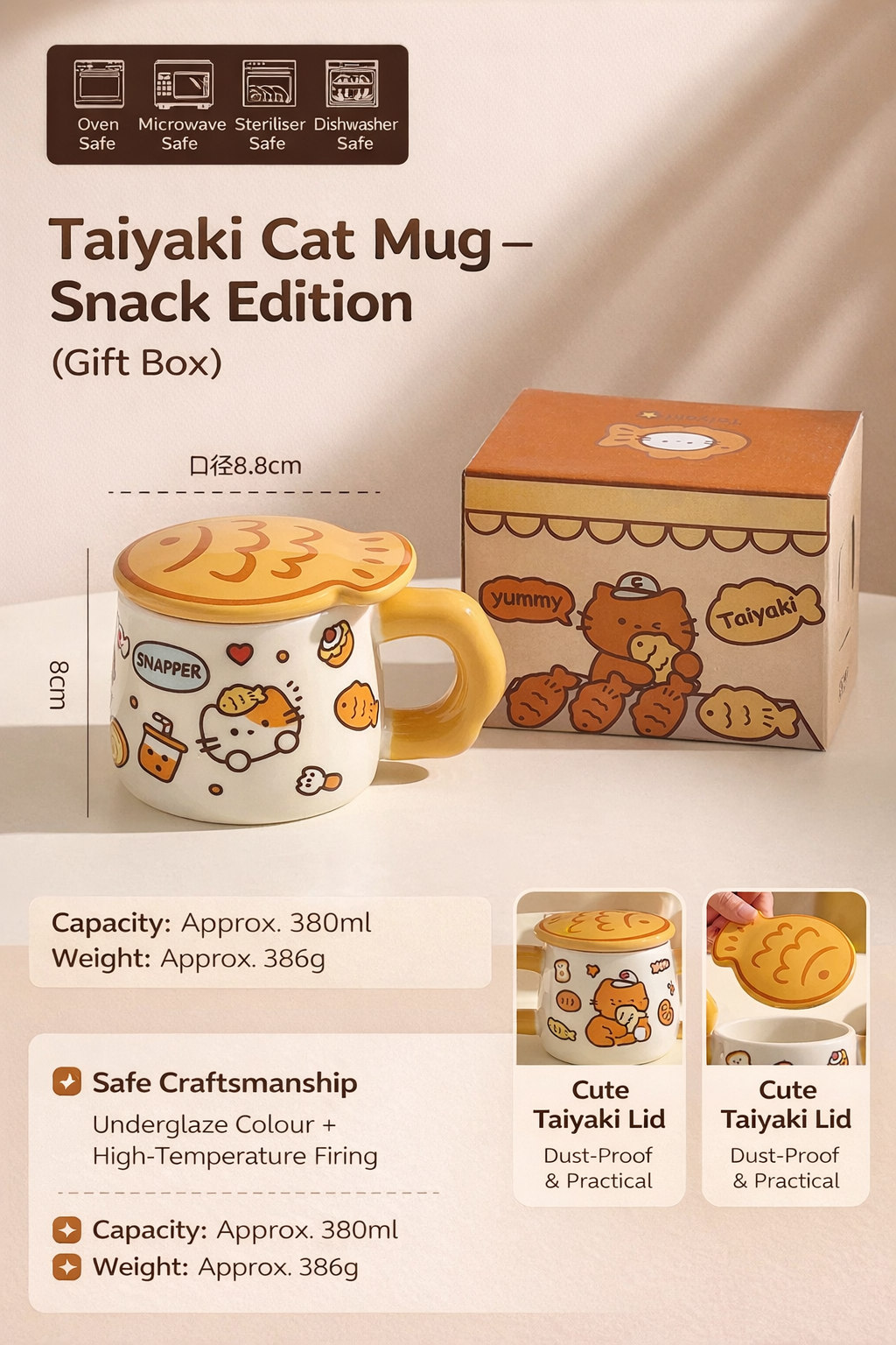 Ceramic Mug with Lid – Taiyaki Cat Design, Underglaze Finish, Heat Resistant