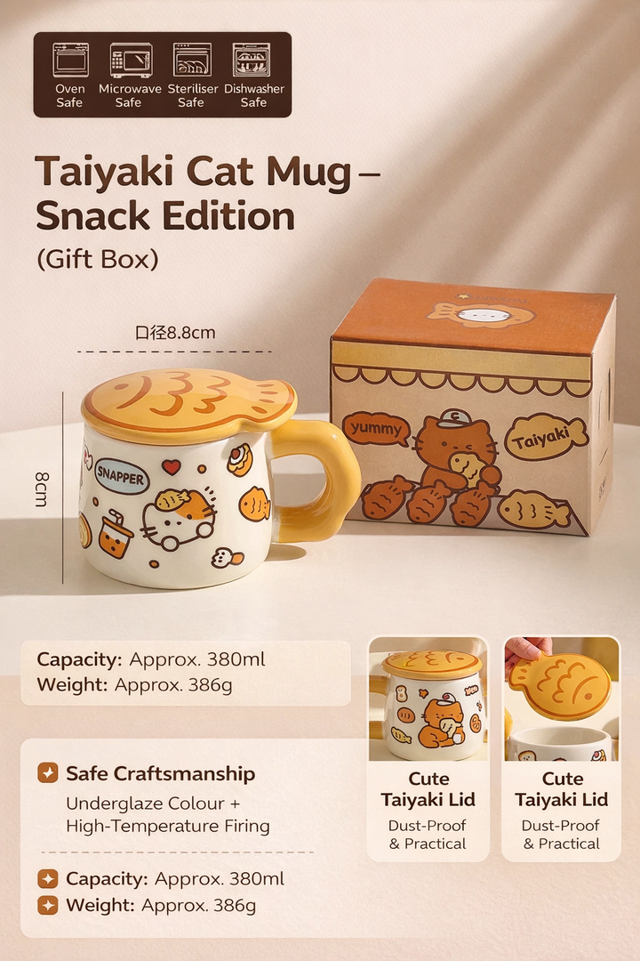 Ceramic Mug with Lid – Taiyaki Cat Design, Underglaze Finish, Heat Resistant