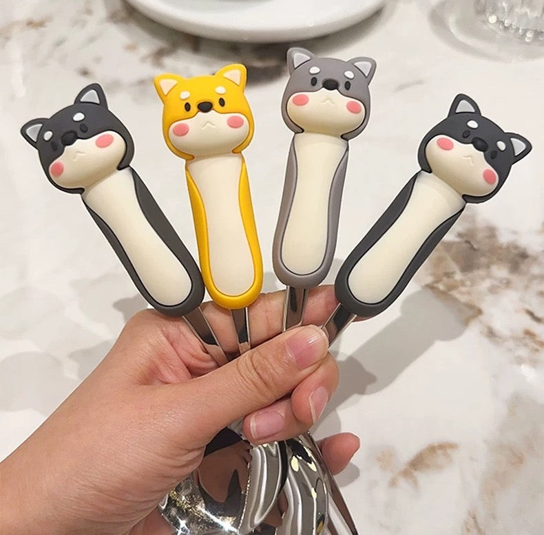 【3D Husky Design 】Stainless Steel Long-Handle Spoon 🥄 & Fork Set