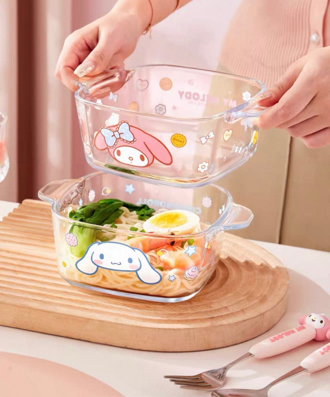 Sanrio™ Double-Handle Glass Bowl – Ramen, Rice, Dessert, Salad & Yogurt Bowl 🫐 Heat-Resistant