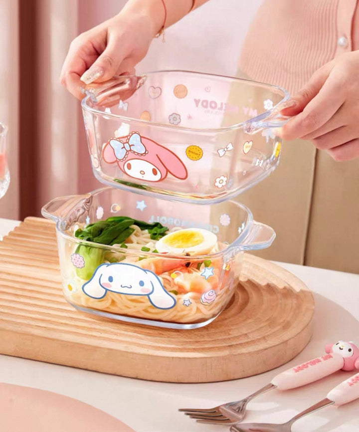 Sanrio™ Double-Handle Glass Bowl – Ramen, Rice, Dessert, Salad & Yogurt Bowl 🫐 Heat-Resistant