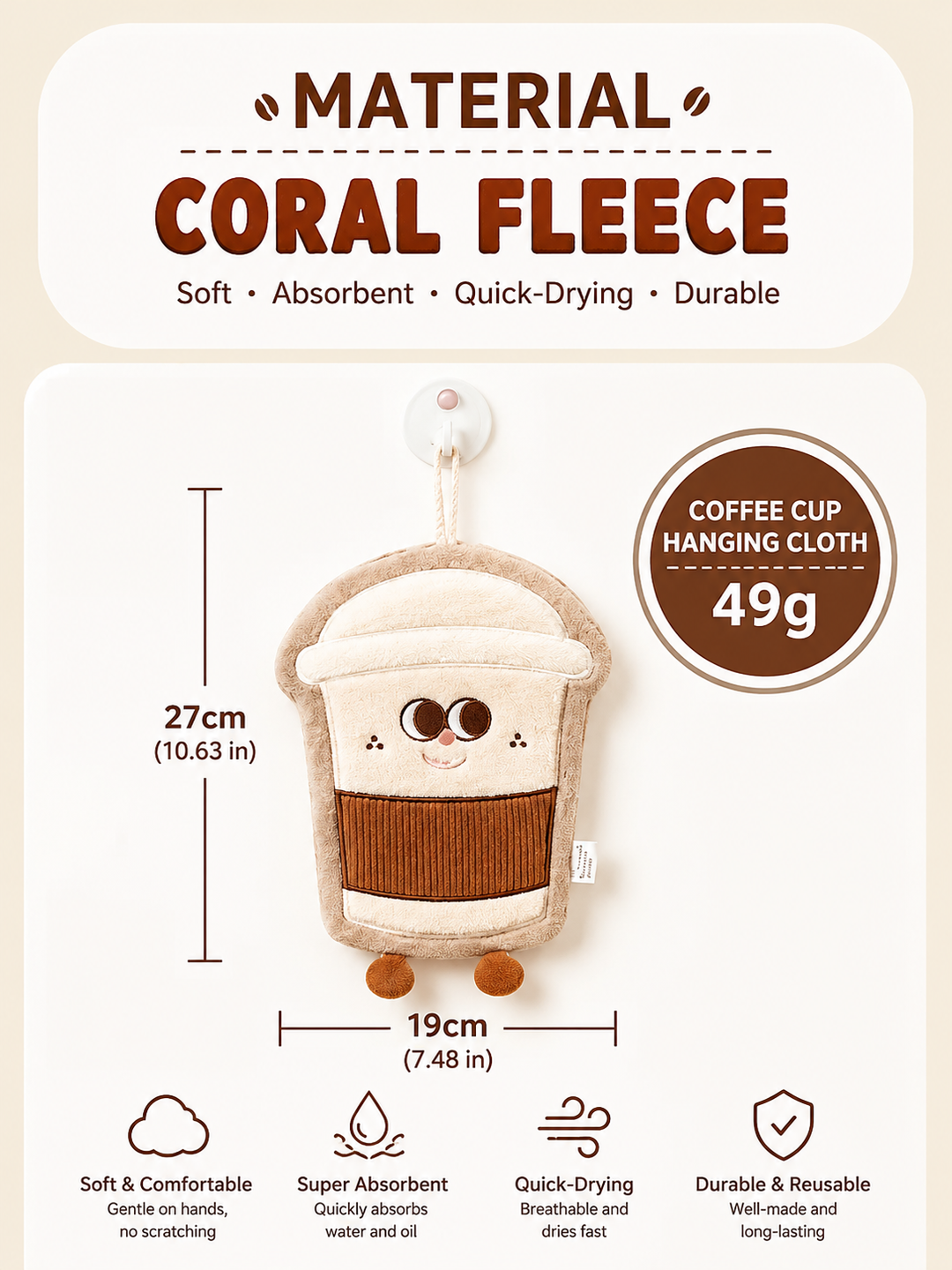 Coffee Cup Hanging Hand Towel – Soft Coral Fleece, Super Absorbent & Quick-Drying