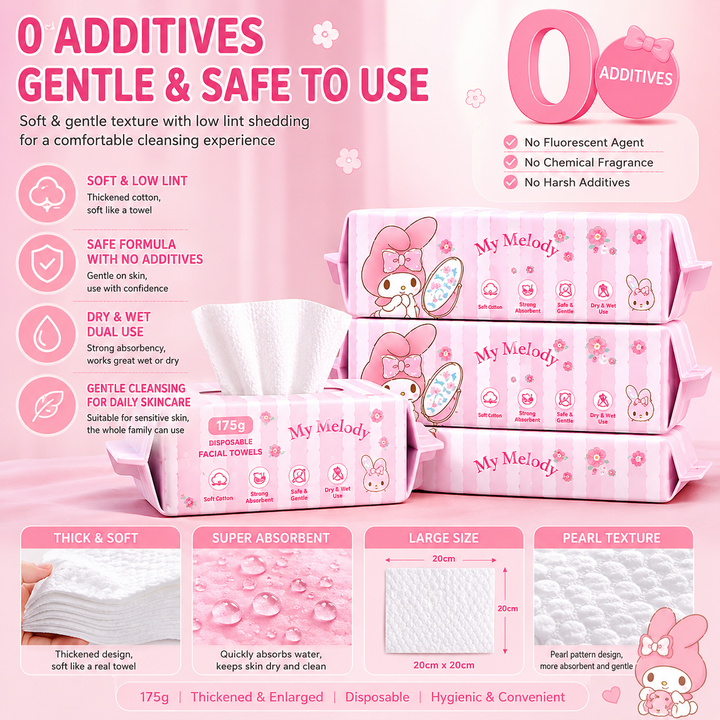 『 Sanrio™️ Disposable Cotton Towels 』Soft Facial Cleansing Towels | Safe for Sensitive Skin