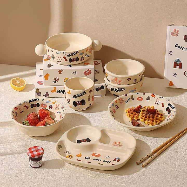 『 Cute Moon Dog Collection』 Handcrafted Underglaze Ceramic Tableware — Portion Plate 🥗, Dinner Plate 🍽️, Rice Bowl 🥣 & Mug