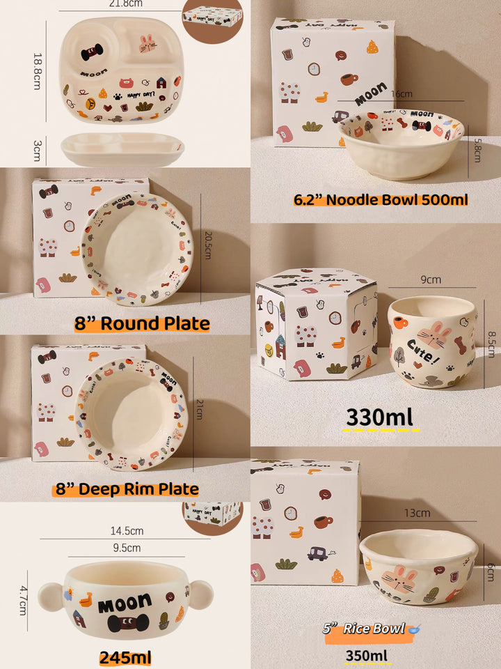 『 Cute Moon Dog Collection』 Handcrafted Underglaze Ceramic Tableware — Portion Plate 🥗, Dinner Plate 🍽️, Rice Bowl 🥣 & Mug