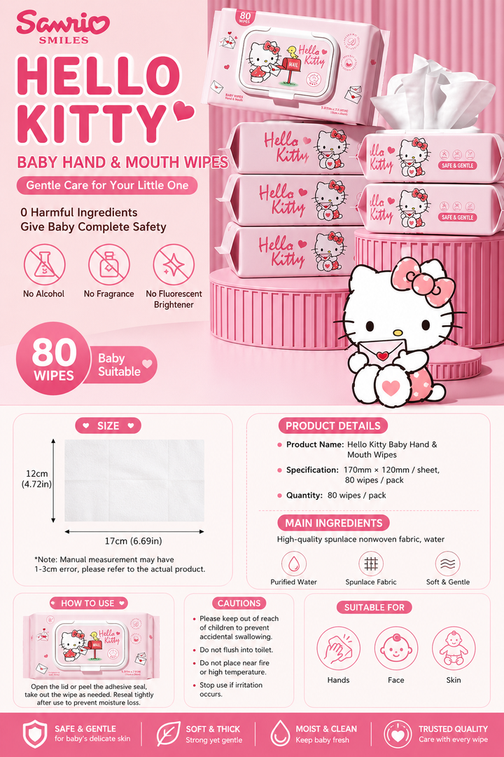 Hello Kitty™ Baby Hand & Mouth Wipes – 80 Wipes per Pack | 4-Pack Bundle | Total 320 Wipes