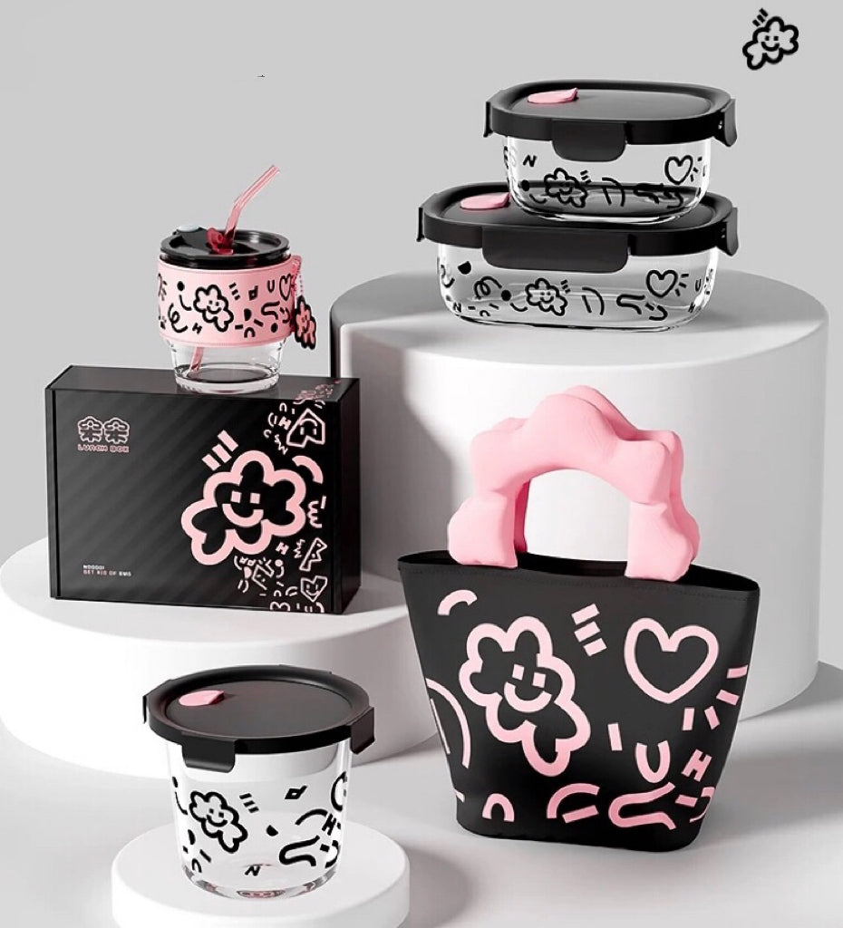 Microwave-Safe Glass Lunch Box + Insulated Tote Bag | Heat & Cold Resistant | Trendy Black & Pink