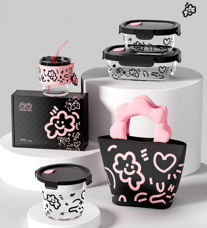 Microwave-Safe Glass Lunch Box + Insulated Tote Bag | Heat & Cold Resistant | Trendy Black & Pink