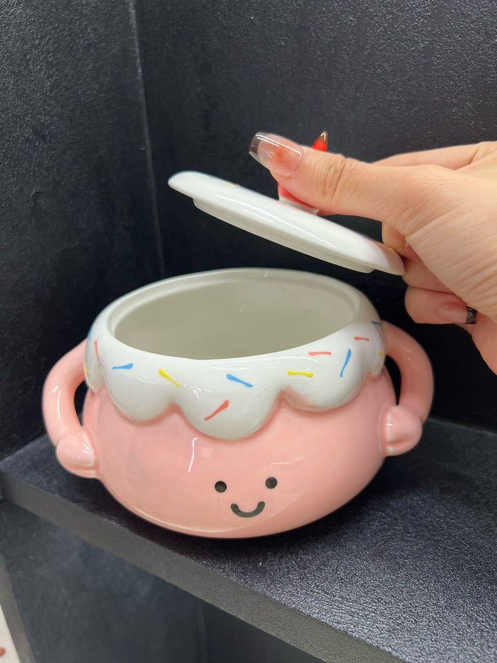 🍰🍒 Chubby Ceramic Stew Pot| Single-Serve Underglaze Lidded Soup Bowl with Double Handles
