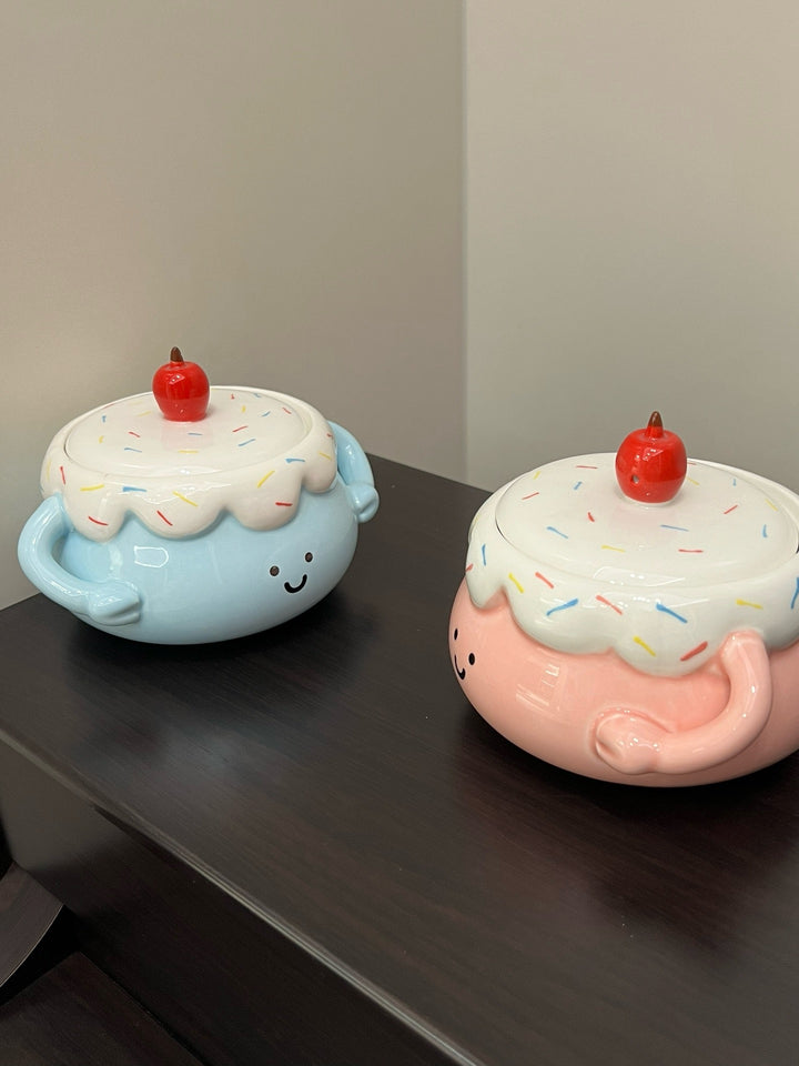 🍰🍒 Chubby Ceramic Stew Pot| Single-Serve Underglaze Lidded Soup Bowl with Double Handles