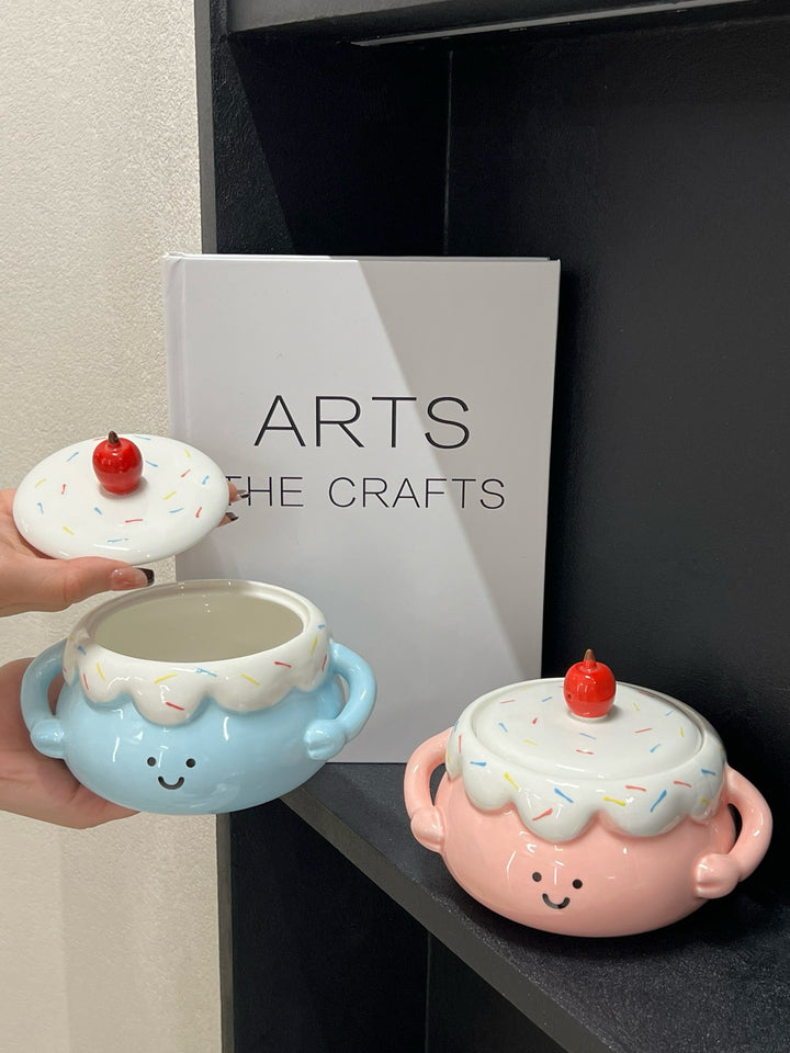 🍰🍒 Chubby Ceramic Stew Pot| Single-Serve Underglaze Lidded Soup Bowl with Double Handles