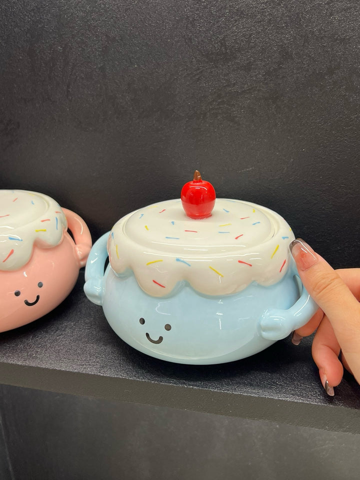 🍰🍒 Chubby Ceramic Stew Pot| Single-Serve Underglaze Lidded Soup Bowl with Double Handles